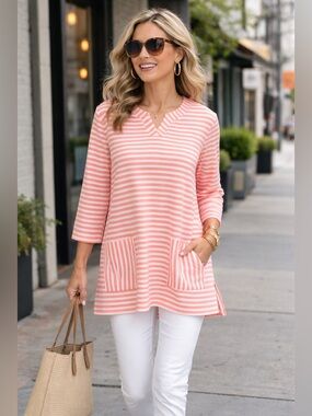TALBOTS Women's Coral & White Striped Casual Tunic Top 1X